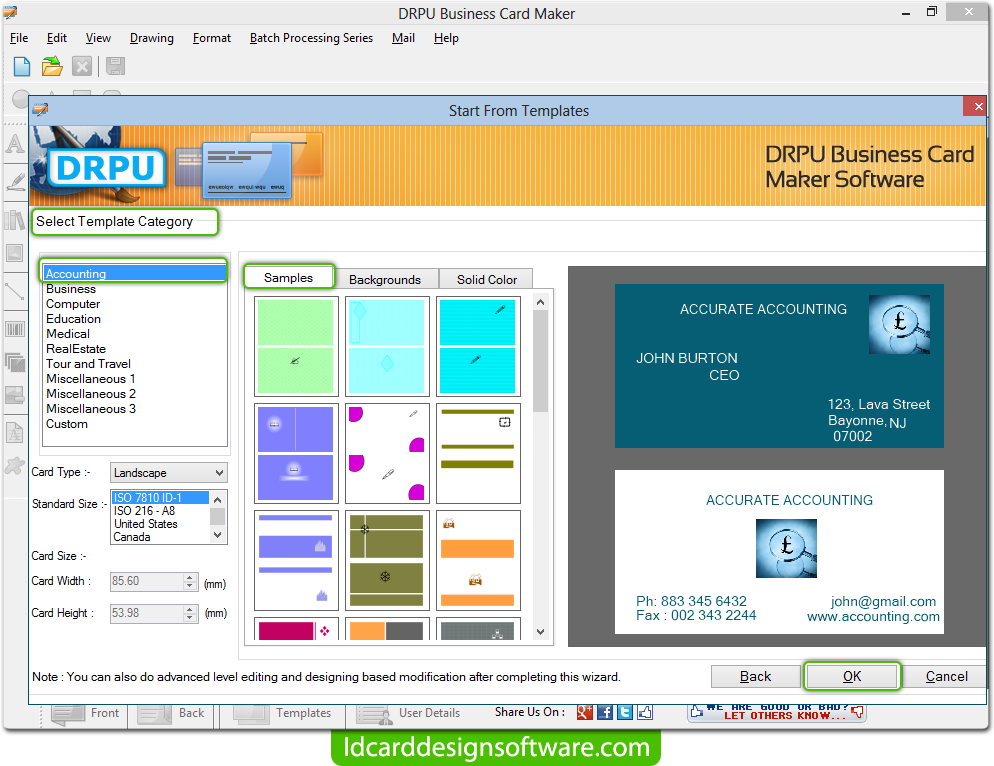 Business Card Design Software screenshots for how to create visiting cards